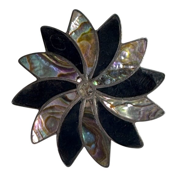 Vintage Sterling Pendant Taxco Starburst Abalone & Black Onyx Floral Pin Brooch - Picture 1 of 6